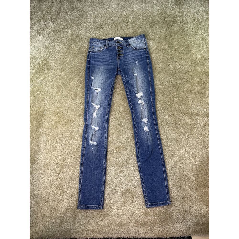 Oasis by Eunina Jeans Women's 1 Juniors Blue Skinny Button Fly Stretch C438